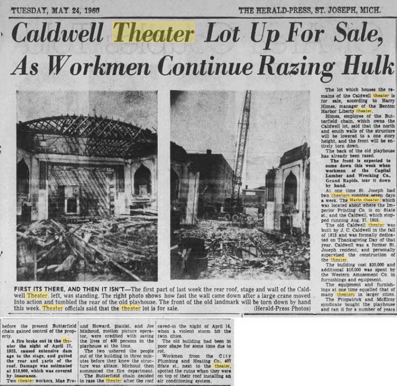 Caldwell Theatre - May 24 1960 Article On Demo (newer photo)